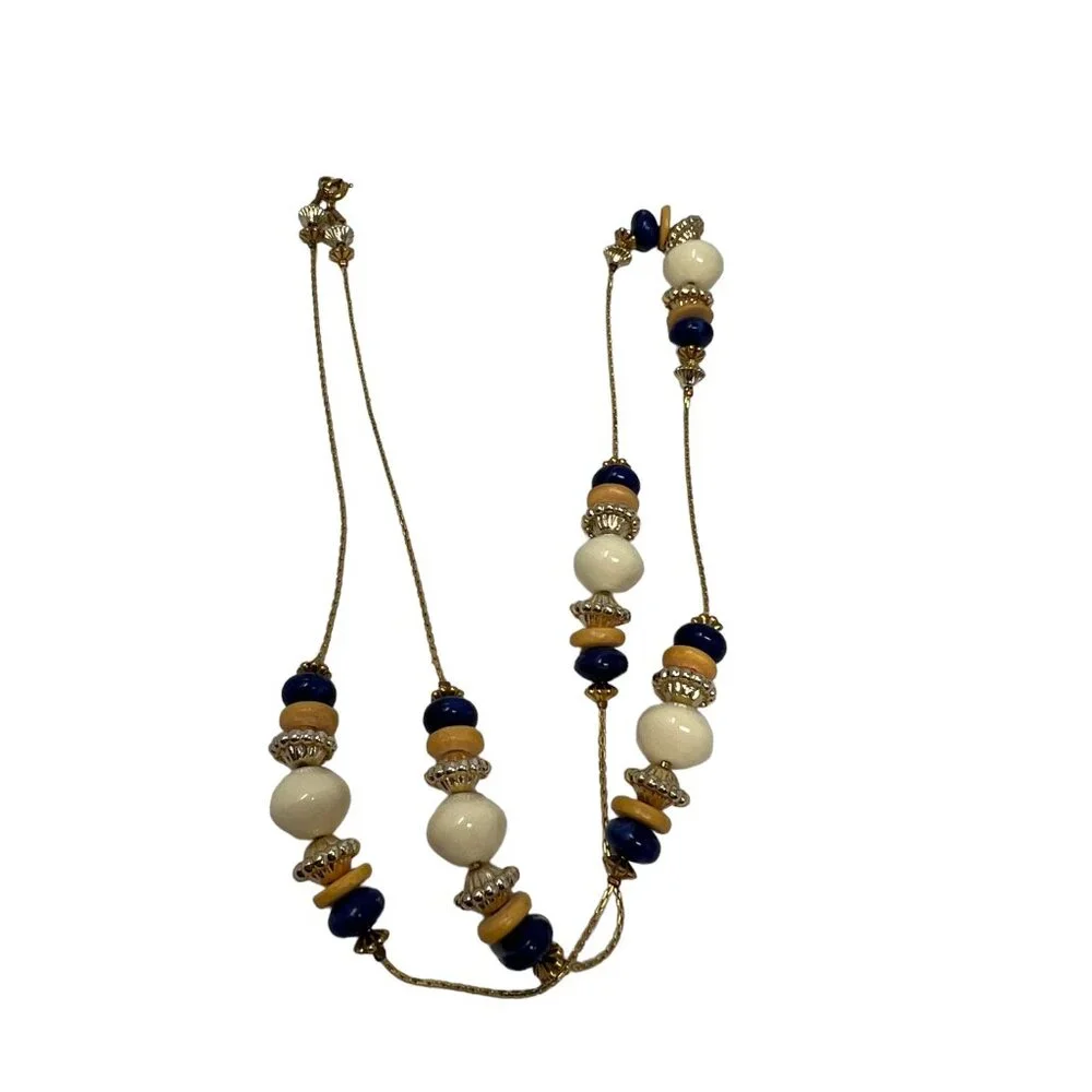 Beaded‎ Necklace Gold Tone Chain Blue White Blue Yellow Beads